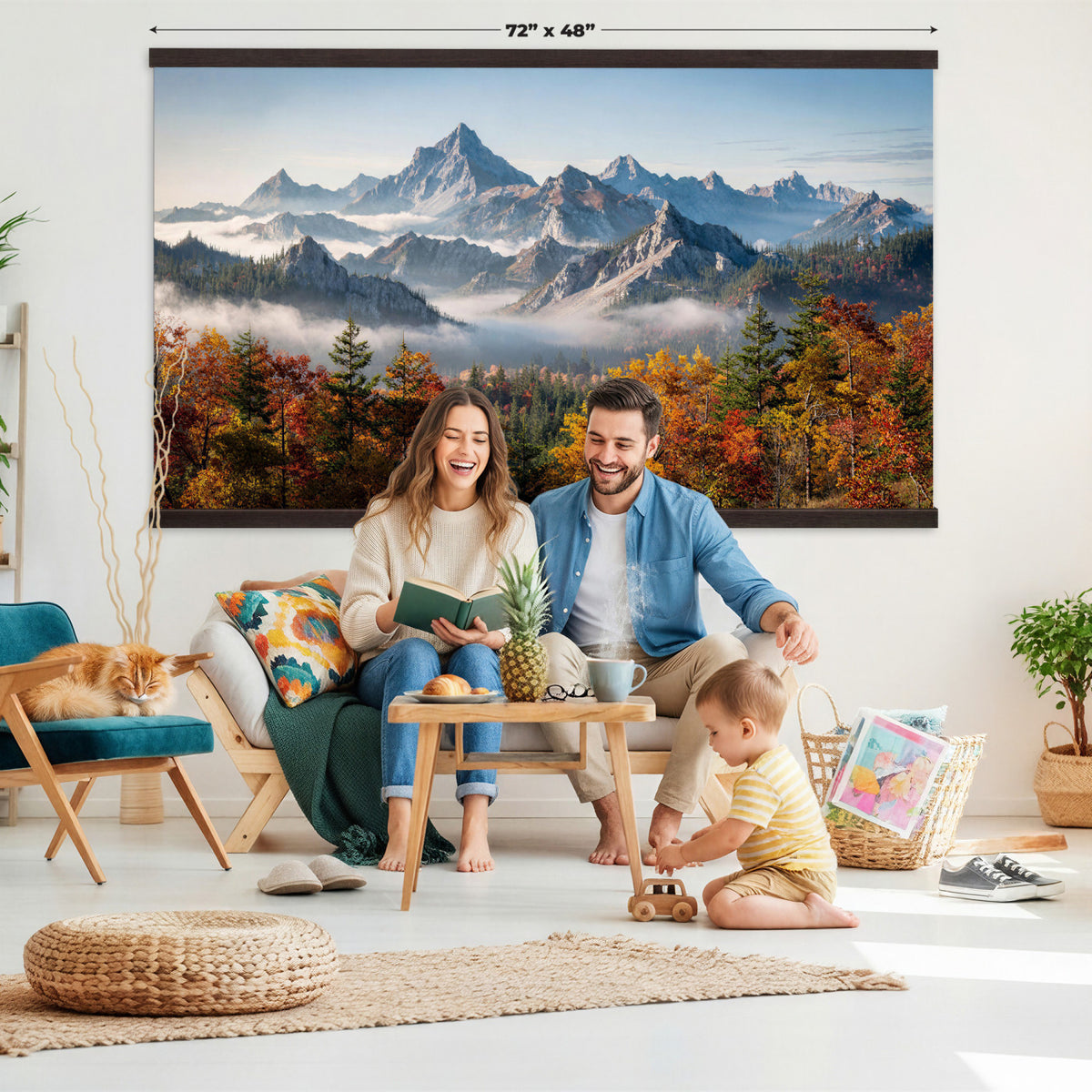 38847944-MGV-TP-30X20 - Majestic Mountain Peak Canvas Wall Art - Panoramic Autumn Forest Fog Landscape Print