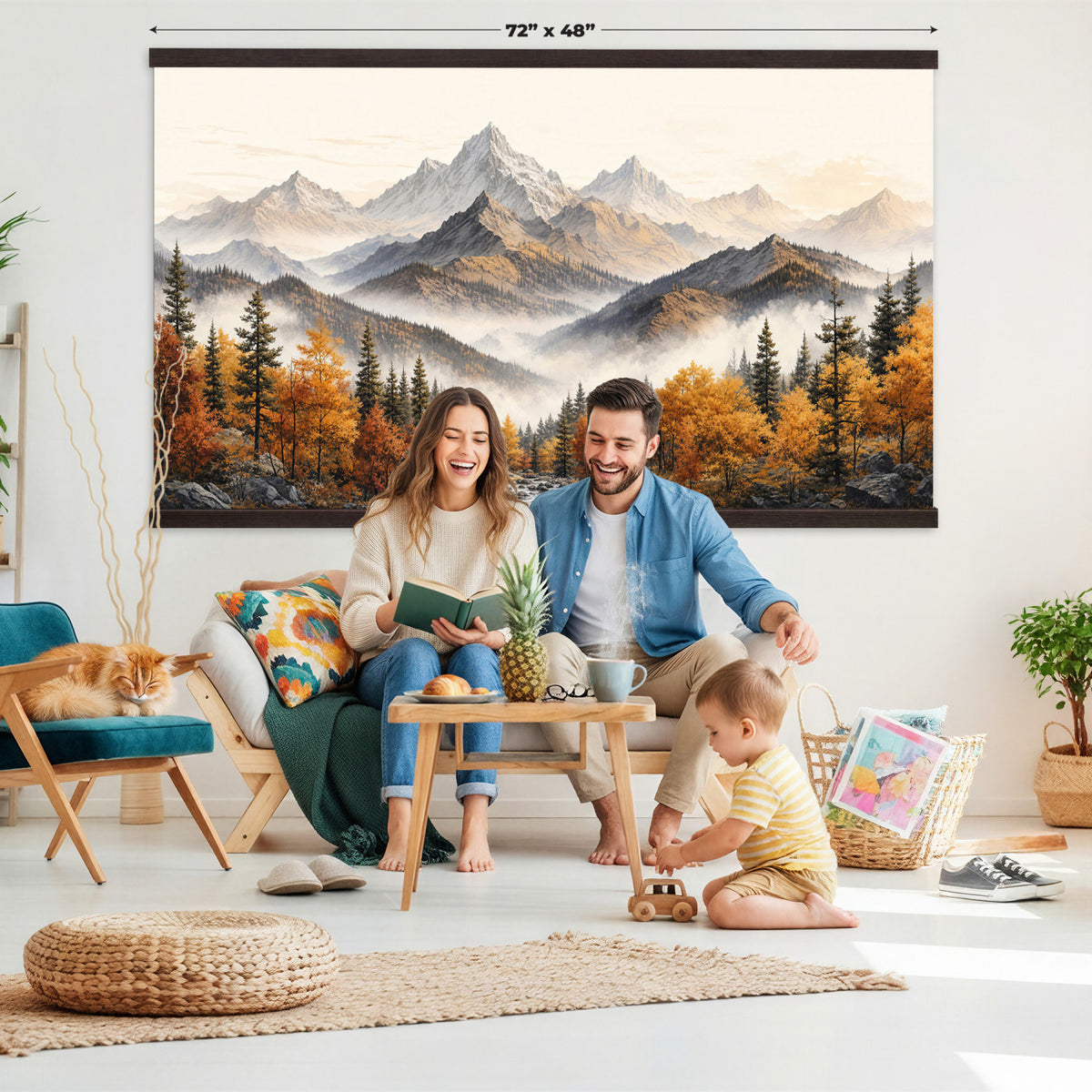 21309099-MGV-TP-30X20 - Extra Large Misty Mountain Autumn Forest Canvas Wall Art - Watercolor Fall Nature Landscape Print