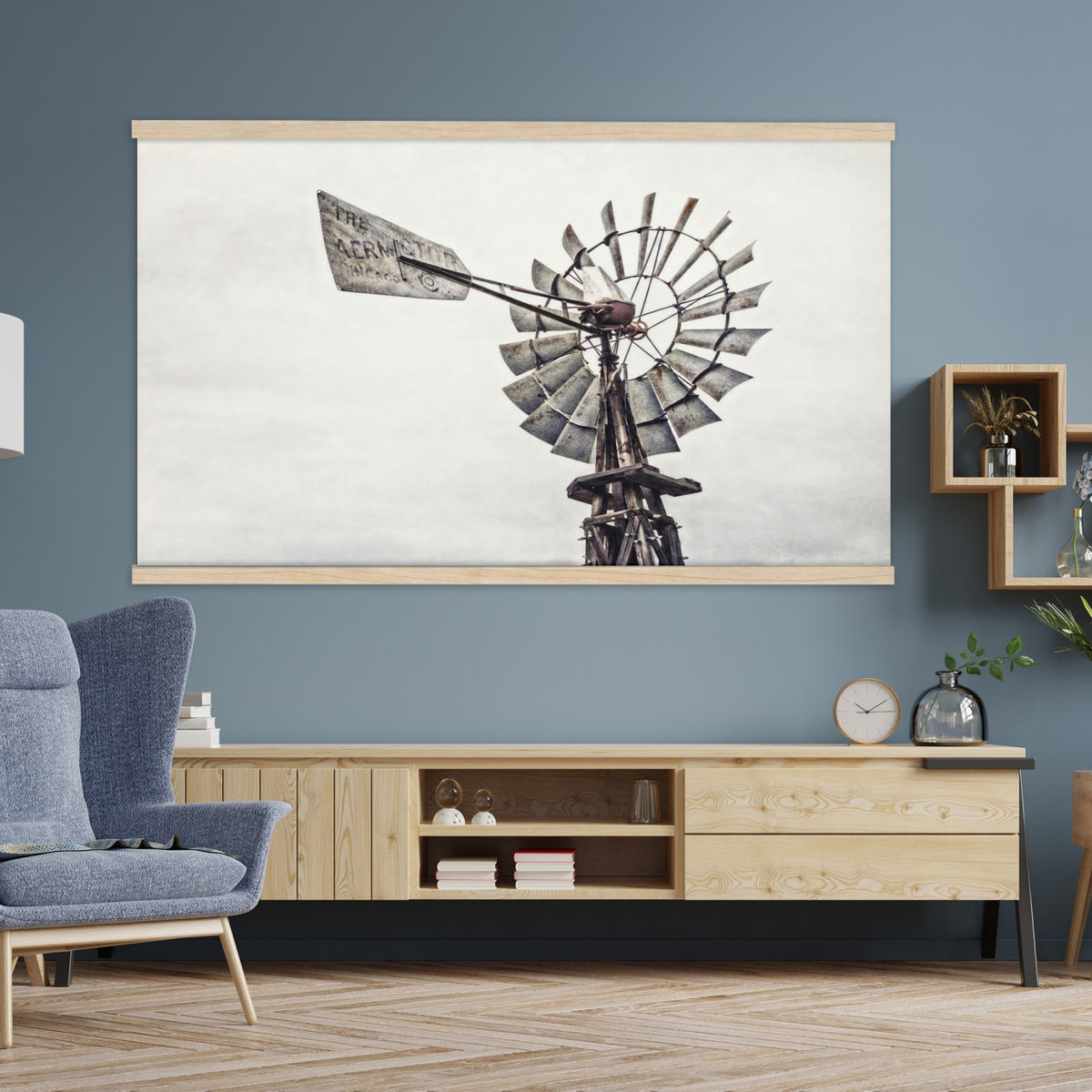 63200638-MGV-TP-30X20 - Vintage Rustic Farmhouse Windmill Canvas Wall Art - Western Country Landscape Print