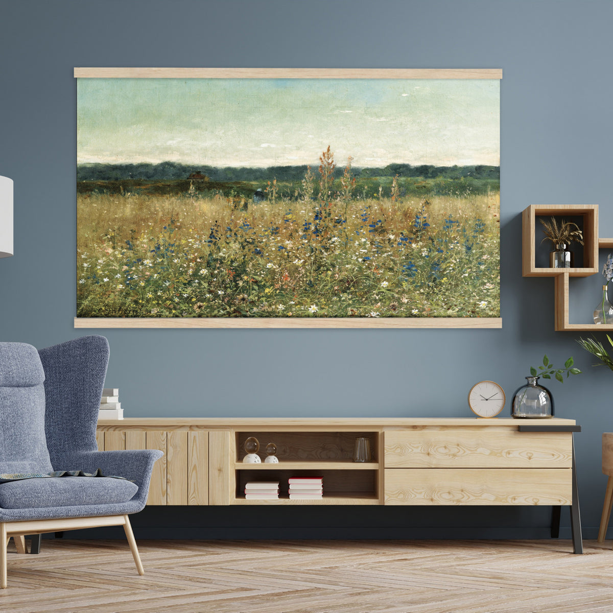 78325586-MGV-TP-30X20 - Realism oil painting tapestry wall hanging of "Champ fleuri" by Antoine Chintreuil, showing a wide flowering field running toward a low horizon, with soft scattered blooms and a pale open sky in soft white and green field tones under a pale luminous sky. Extra large wall art, made in the USA.