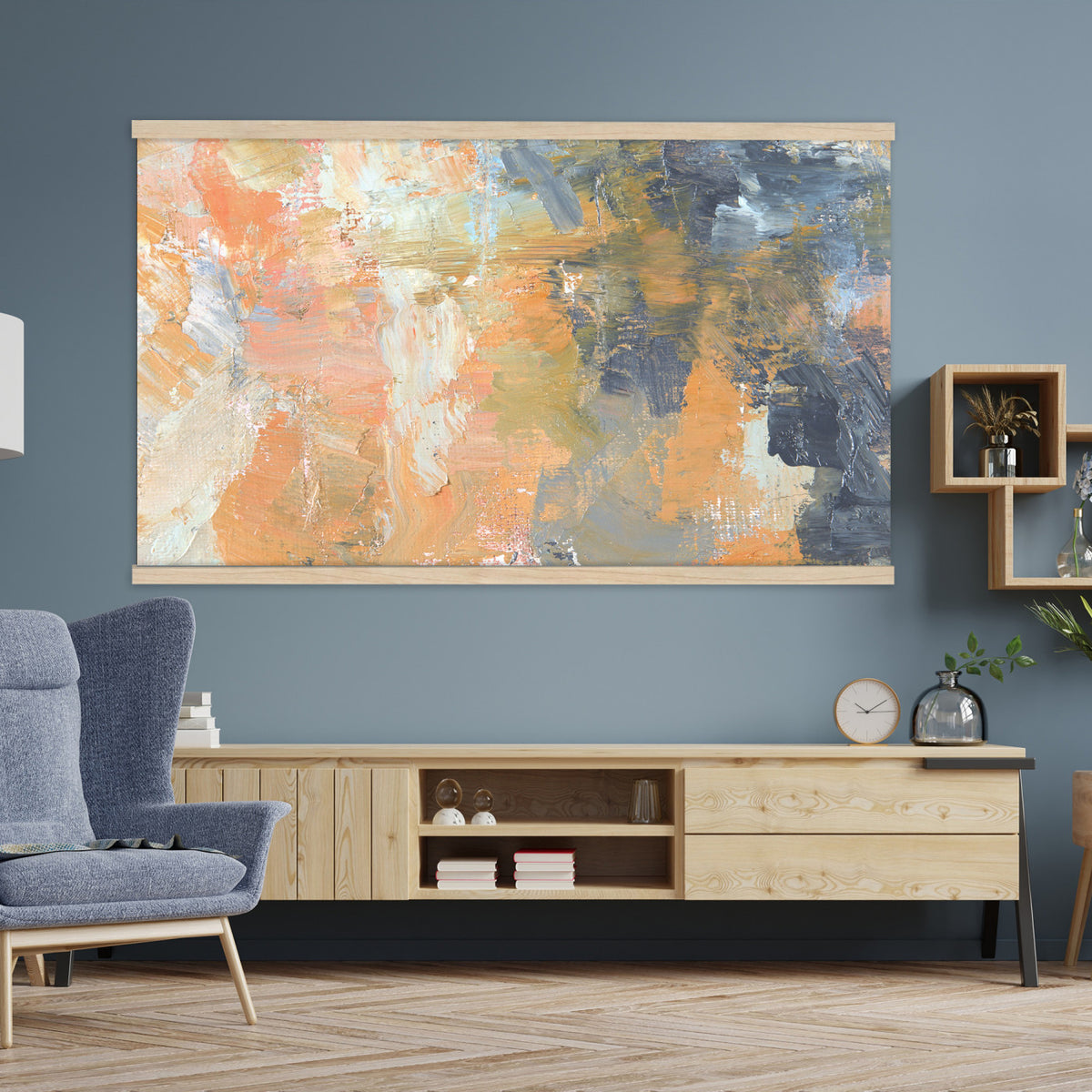 92754702-MGV-TP-30X20 - Cubism abstract oil painting tapestry wall hanging of "Abstract Landscape" by Nicolas de Stael, showing thick blocks of peach, grey, and cream laid side by side into a landscape that reads as pure shape and color in soft peach, warm grey, and cream color blocks. Extra large wall art, made in the USA.