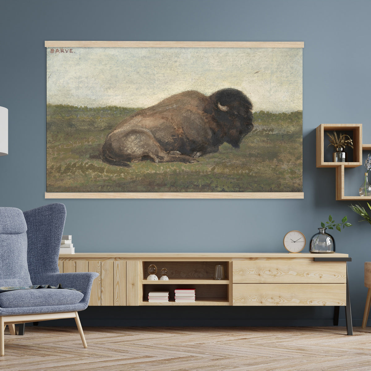 59987270-MGV-TP-30X20 - Realism oil painting tapestry wall hanging of "Bison Lying Down" by Antoine-Louis Barye, showing a heavy bison at rest on open prairie ground, painted with weight and quiet animal presence in deep brown bison coat against muted prairie grass and a low sky. Extra large wall art, made in the USA.