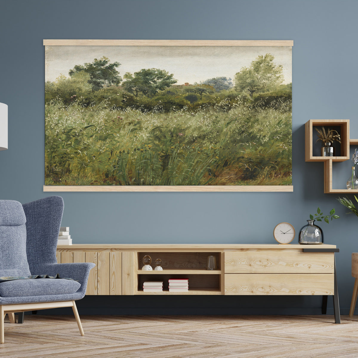 65790269-MGV-TP-30X20 - Realism oil painting tapestry wall hanging of "Field of Oats near Vejby" by Dankvart Dreyer, showing a ripe oat field bending in the breeze, with low farm buildings and a wide soft Danish sky beyond in warm golden oat tones with soft green edges under a pale wide sky. Extra large wall art, made in the USA.