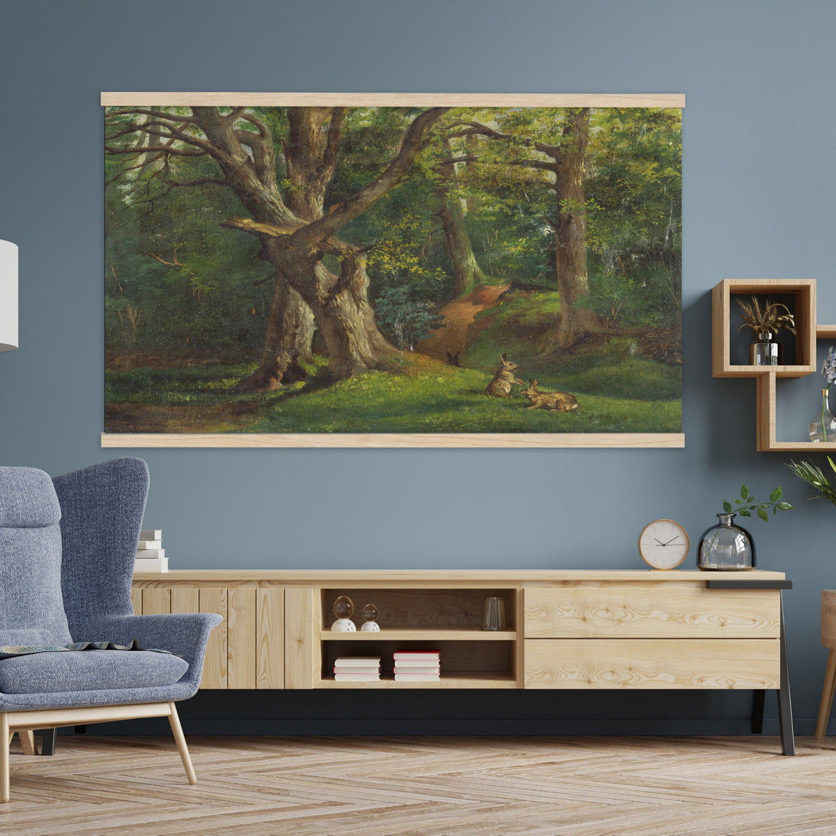 86376524-MGV-TP-30X20 - Barbizon oil painting tapestry wall hanging of "By the Brook" by Xavier De Cock, showing a shaded brook winding through dense woodland, with a small hidden figure resting among the trees in dark layered forest greens with warm brown earth and pale water light. Extra large wall art, made in the USA.