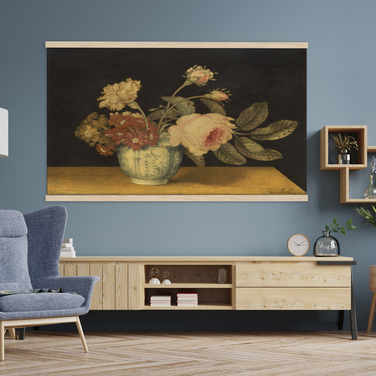 41160341-MGV-TP-30X20 - Impressionism oil painting tapestry wall hanging of "Golden Roses" by Olga Boznanska, showing a loose bunch of golden yellow roses in a glass vase, painted with soft dissolving edges against a warm ground in warm golden-yellow rose petals against a soft muted brown background. Extra large wall art, made in the USA.