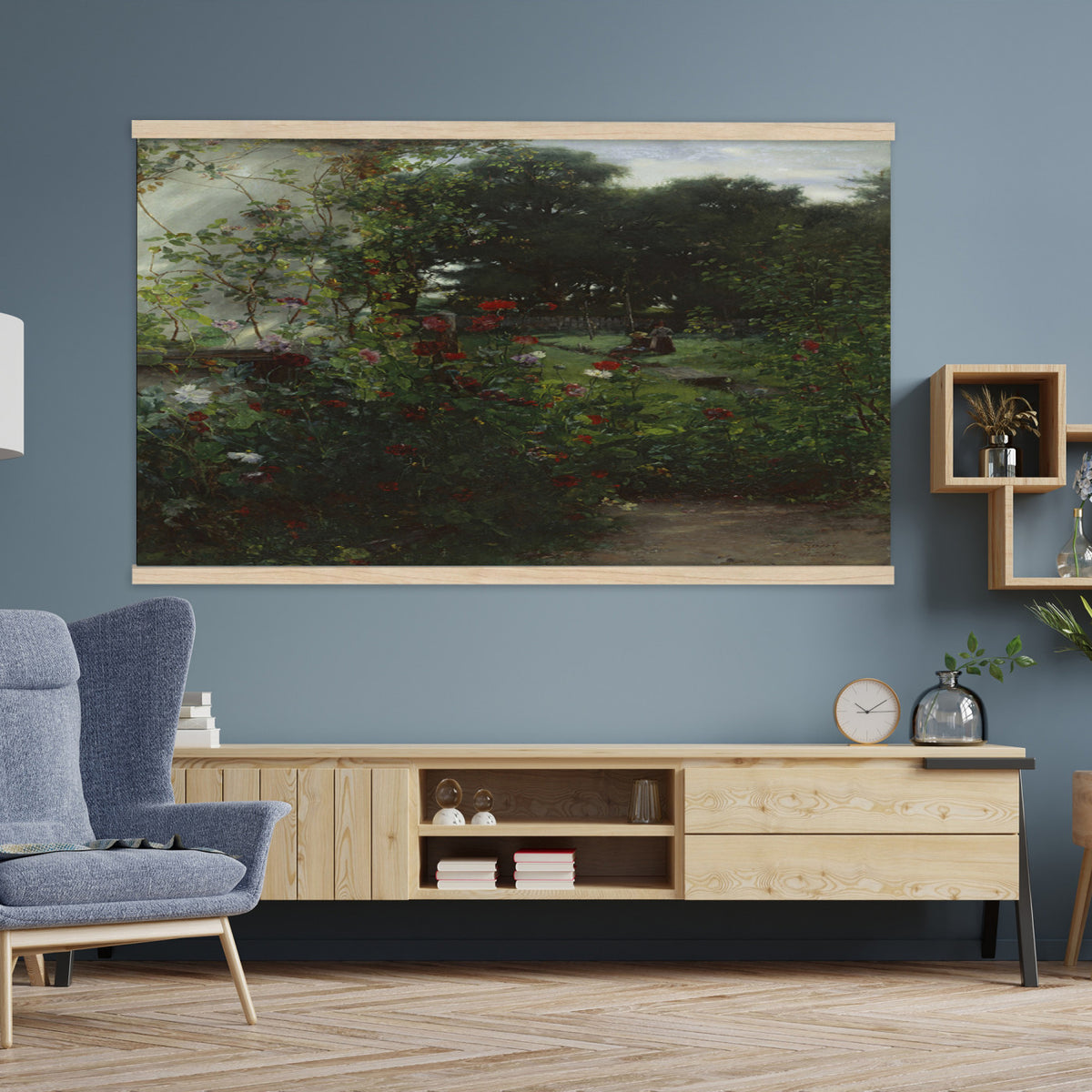 99581515-MGV-TP-30X20 - Barbizon oil painting tapestry wall hanging of "By the Brook" by Xavier De Cock, showing a shaded brook winding through dense woodland, with a small hidden figure resting among the trees in dark layered forest greens with warm brown earth and pale water light. Extra large wall art, made in the USA.