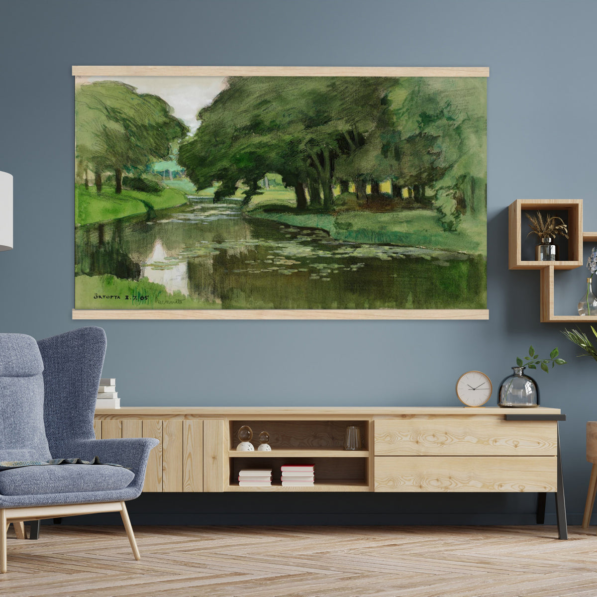 91917894-MGV-TP-30X20 - Tonalism oil painting tapestry wall hanging of "Hill and Marshland" by Charles Harold Davis, showing a low marsh threaded with still water channels, tall reeds, and a rounded hill under a wide luminous sky in muted marsh greens and browns under a wide pale luminous sky. Extra large wall art, made in the USA.