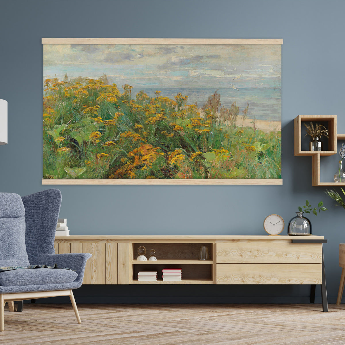 16996210-MGV-TP-30X20 - Impressionism oil painting tapestry wall hanging of "Blumenwiese" by Alexander Koester, showing a thick summer meadow packed with white and yellow wildflowers, tall grasses, and sunlit greenery in white and yellow wildflowers across deep summer green grass. Extra large wall art, made in the USA.