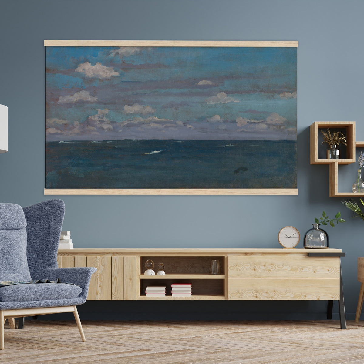 31189911-MGV-TP-30X20 - Art Nouveau pastel study tapestry wall hanging of "The Immensity" by Antoni Fabres, showing a wide empty shoreline meeting a soft pastel sky, with slow drifting clouds and a barely visible horizon line in pale pink, cream, and soft blue cloud tones over a quiet shore. Extra large wall art, made in the USA.