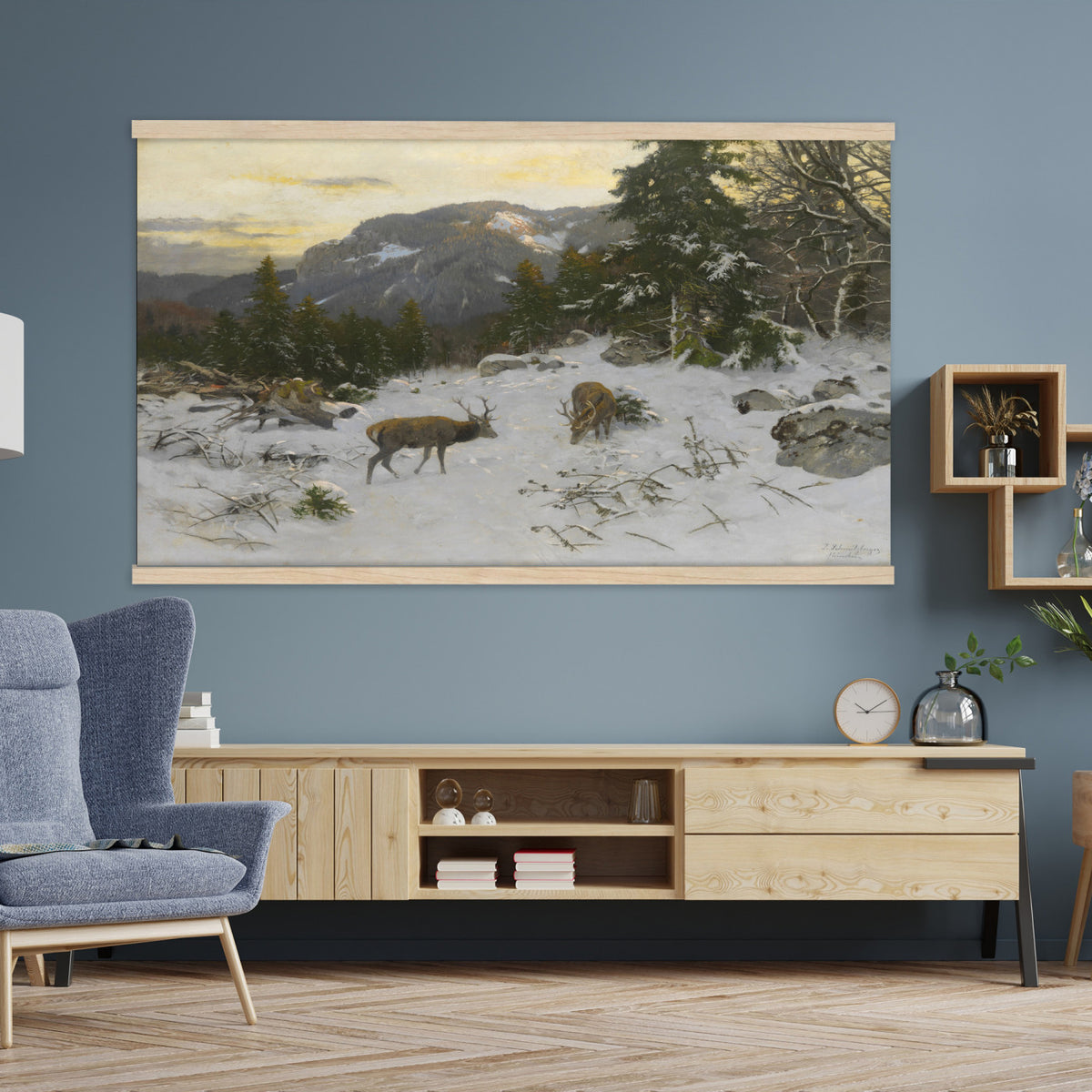 88363585-MGV-TP-30X20 - Realism oil painting tapestry wall hanging of "Rotwild" by Franz Xaver von Pausinger, showing a herd of red deer resting in a quiet clearing, tall grasses, and dark forest edges fading into soft light in warm russet deer coats against deep forest green and golden grass. Extra large wall art, made in the USA.
