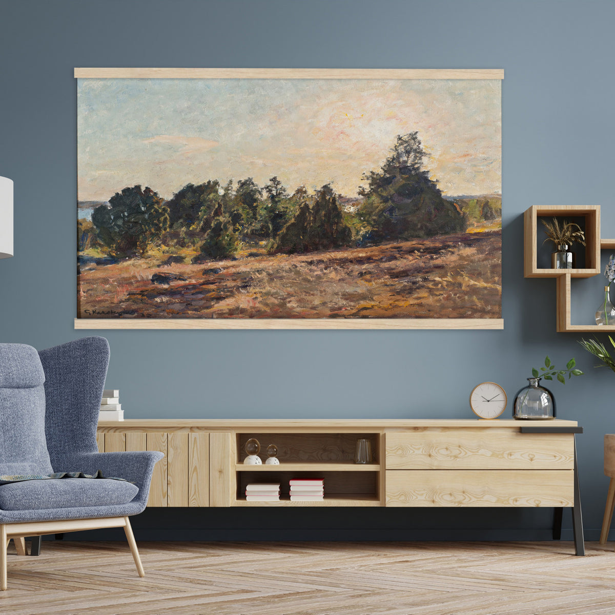 89318871-MGV-TP-30X20 - Impressionism oil painting tapestry wall hanging of "Landscape" by Jane Sutherland, showing a sunlit open field, dry golden grasses, and slender eucalyptus trees leaning under a bright southern sky in warm golden field tones with soft sage-green eucalyptus foliage. Extra large wall art, made in the USA.