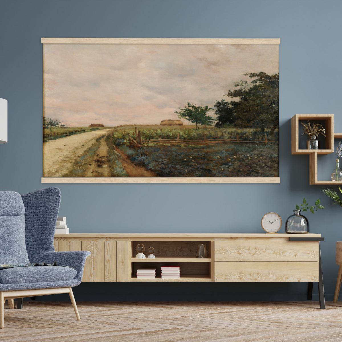 25709765-MGV-TP-30X20 - Realism watercolor tapestry wall hanging of "Landscape with a Windmill" by Jean-Baptiste-Arthur Calame, showing a winding dirt road, traditional thatched-roof farmhouses, and a historic windmill sitting peacefully on the distant horizon in soft brown and green tones under a cloudy sky. Extra large wall art, made in the USA.