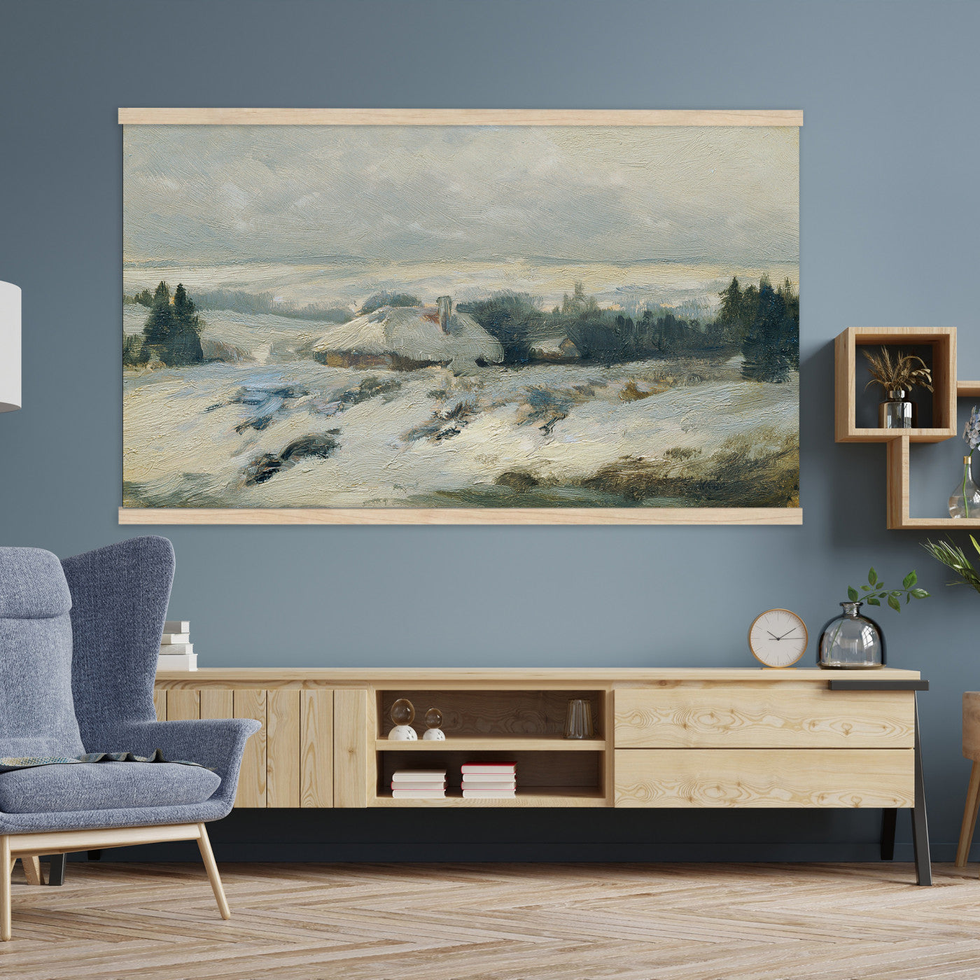 95240376-MGV-TP-30X20 - Realism oil painting tapestry wall hanging of "Bohmisch-Mahrische Hohe" by Ferdinand Engelmuller, showing a snow-covered highland village with low cottages, bare trees, and deep drifts stretching toward pale winter hills in cool white snow with warm ochre cottage walls under a pale winter sky. Extra large wall art, made in the USA.