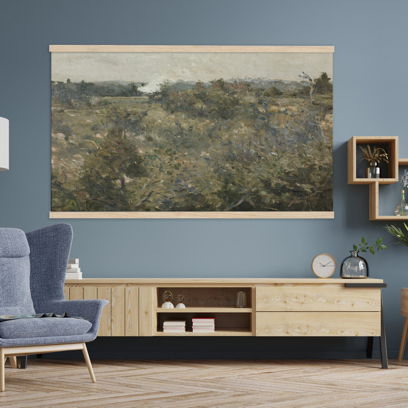 17414183-MGV-TP-30X20 - Realism oil study tapestry wall hanging of "Landscape Study at Grez-sur-Loing" by Frans Van Leemputten, showing an open field study at Grez-sur-Loing, with loose brushwork across low crops, hedgerows, and a soft French sky in soft field greens and warm earth tones under a pale washed sky. Extra large wall art, made in the USA.