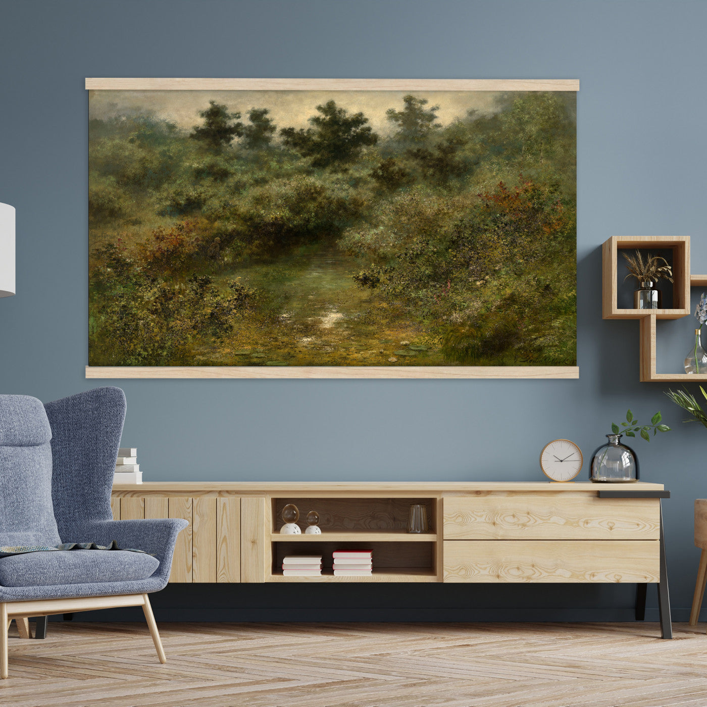 66880646-MGV-TP-30X20 - Barbizon oil painting tapestry wall hanging of "By the Brook" by Xavier De Cock, showing a shaded brook winding through dense woodland, with a small hidden figure resting among the trees in dark layered forest greens with warm brown earth and pale water light. Extra large wall art, made in the USA.