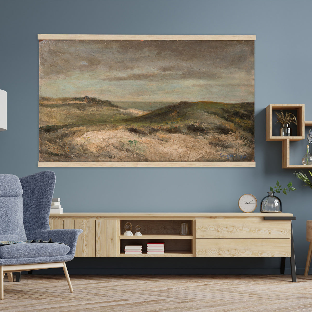 68383237-MGV-TP-30X20 - Expressionism oil painting tapestry wall hanging of "Dunes" by James Ensor, showing a steep dune ridge cutting across the canvas, with wind-bent grasses and a heavy sky pressing down behind it in muted sand and olive dune tones under a dark weighted sky. Extra large wall art, made in the USA.