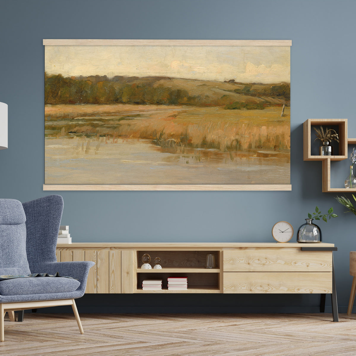 94353895-MGV-TP-30X20 - Tonalism oil painting tapestry wall hanging of "Hill and Marshland" by Charles Harold Davis, showing a low marsh threaded with still water channels, tall reeds, and a rounded hill under a wide luminous sky in muted marsh greens and browns under a wide pale luminous sky. Extra large wall art, made in the USA.