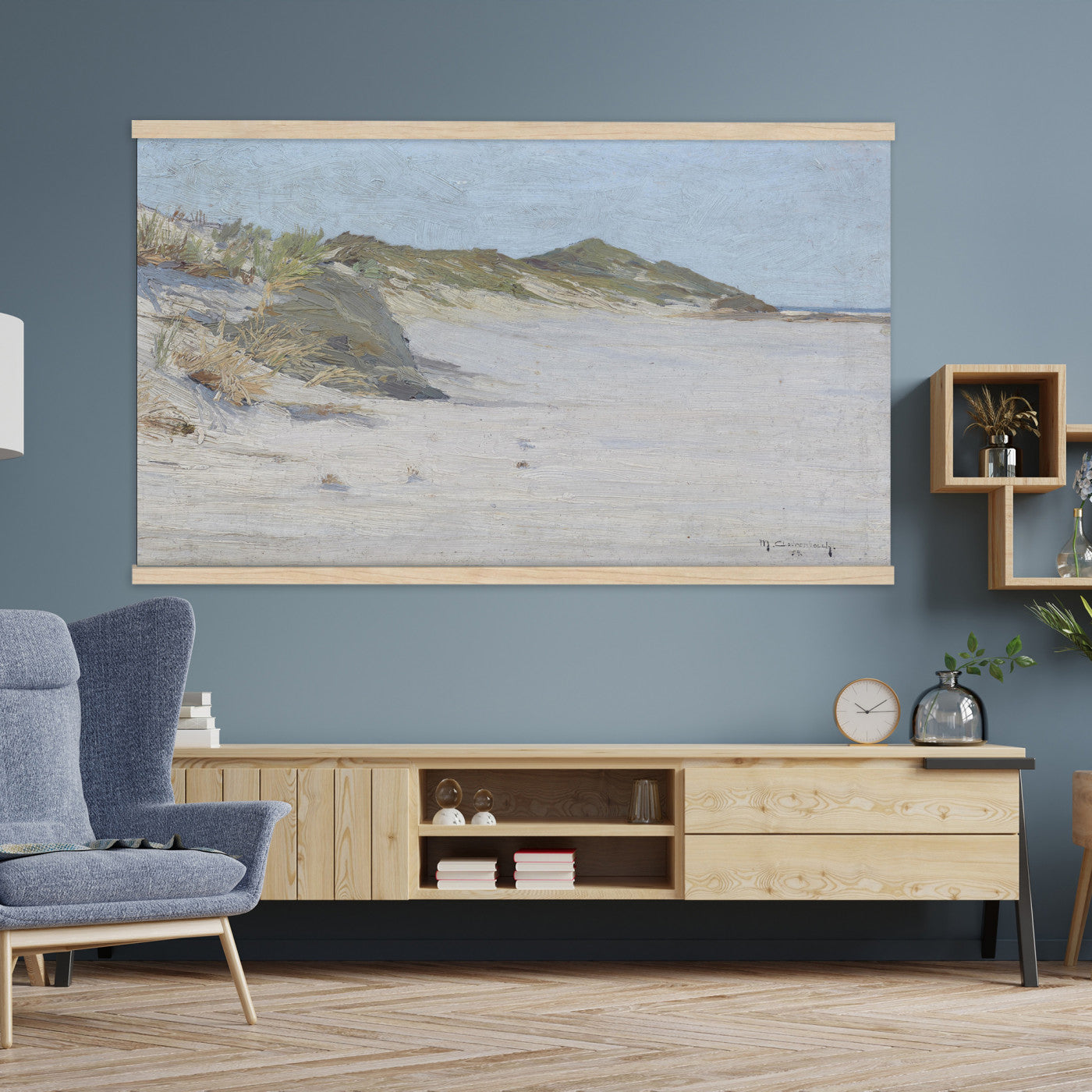 74023087-MGV-TP-30X20 - Impressionism oil painting tapestry wall hanging of "Beach Dunes" by Max Clarenbach, showing low rolling sand dunes topped with pale beach grass, opening toward a quiet sea under a wide soft sky in pale sand tones and dune grass under a wide soft blue-grey sky. Extra large wall art, made in the USA.
