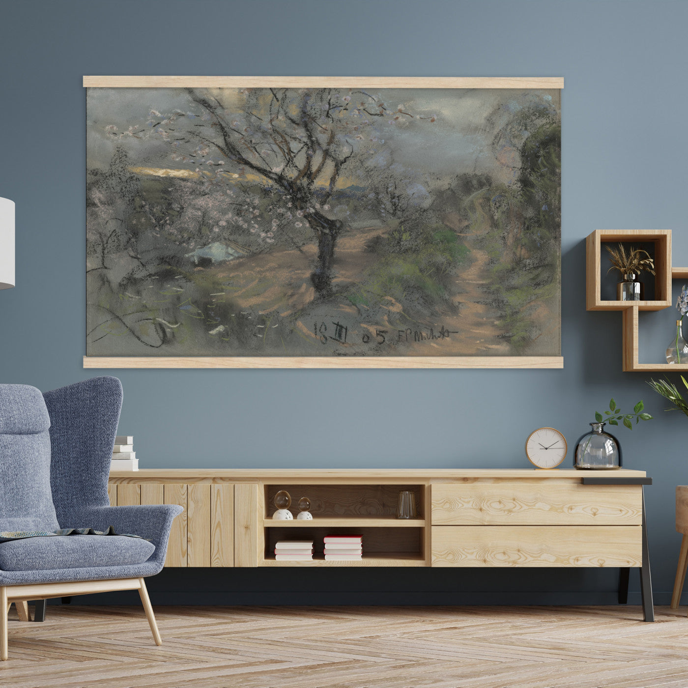 39102913-MGV-TP-30X20 - Realism charcoal and pastel sketch tapestry wall hanging of "Fields with Trees in Blossom" by Francesco Paolo Michetti, showing a dark country road running between blossoming trees, drawn in heavy charcoal under a low stormy sky in deep charcoal greys and blacks with pale blossom highlights. Extra large wall art, made in the USA.