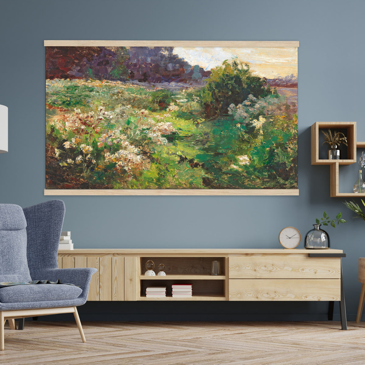 44961601-MGV-TP-30X20 - Impressionism oil painting tapestry wall hanging of "Flowering Meadow" by Olga Wisinger-Florian, showing a bright meadow of white wildflowers and green bushes rising toward a shaded purple hillside in white wildflowers and green bushes under a purple forest hillside. Extra large wall art, made in the USA.