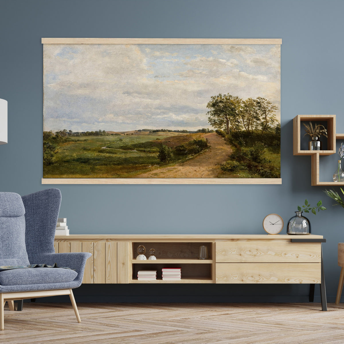 53363268-MGV-TP-30X20 - Realism oil study tapestry wall hanging of "Road across the Hills, Study" by Dankvart Dreyer, showing a bare country road climbing across open hills, with low scrub, worn ruts, and a wide Danish sky above in warm sandy road tones and dry hill greens under a pale wide sky. Extra large wall art, made in the USA.