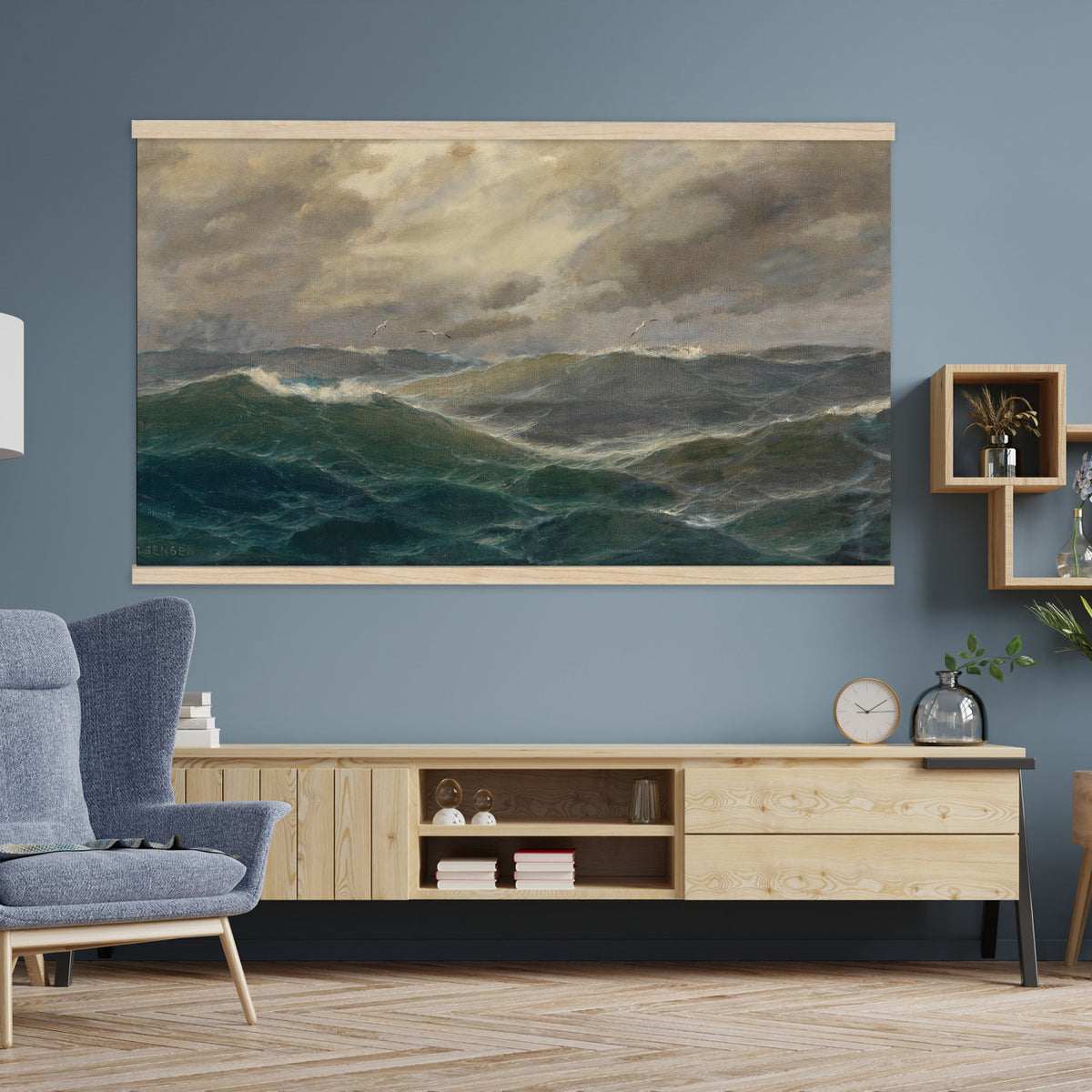 93539190-MGV-TP-30X20 - Realism oil painting tapestry wall hanging of "Stormy Sea" by Alfred Jensen, showing heavy breaking waves rolling under a dark storm sky, with white foam catching the last light on the water in deep grey-green waves with white foam under a heavy storm sky. Extra large wall art, made in the USA.