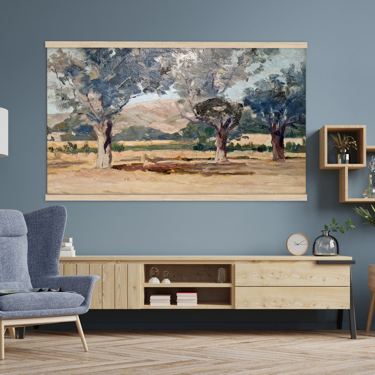 38071069-MGV-TP-30X20 - Impressionism oil painting tapestry wall hanging of "Landscape" by Jane Sutherland, showing a sunlit open field, dry golden grasses, and slender eucalyptus trees leaning under a bright southern sky in warm golden field tones with soft sage-green eucalyptus foliage. Extra large wall art, made in the USA.