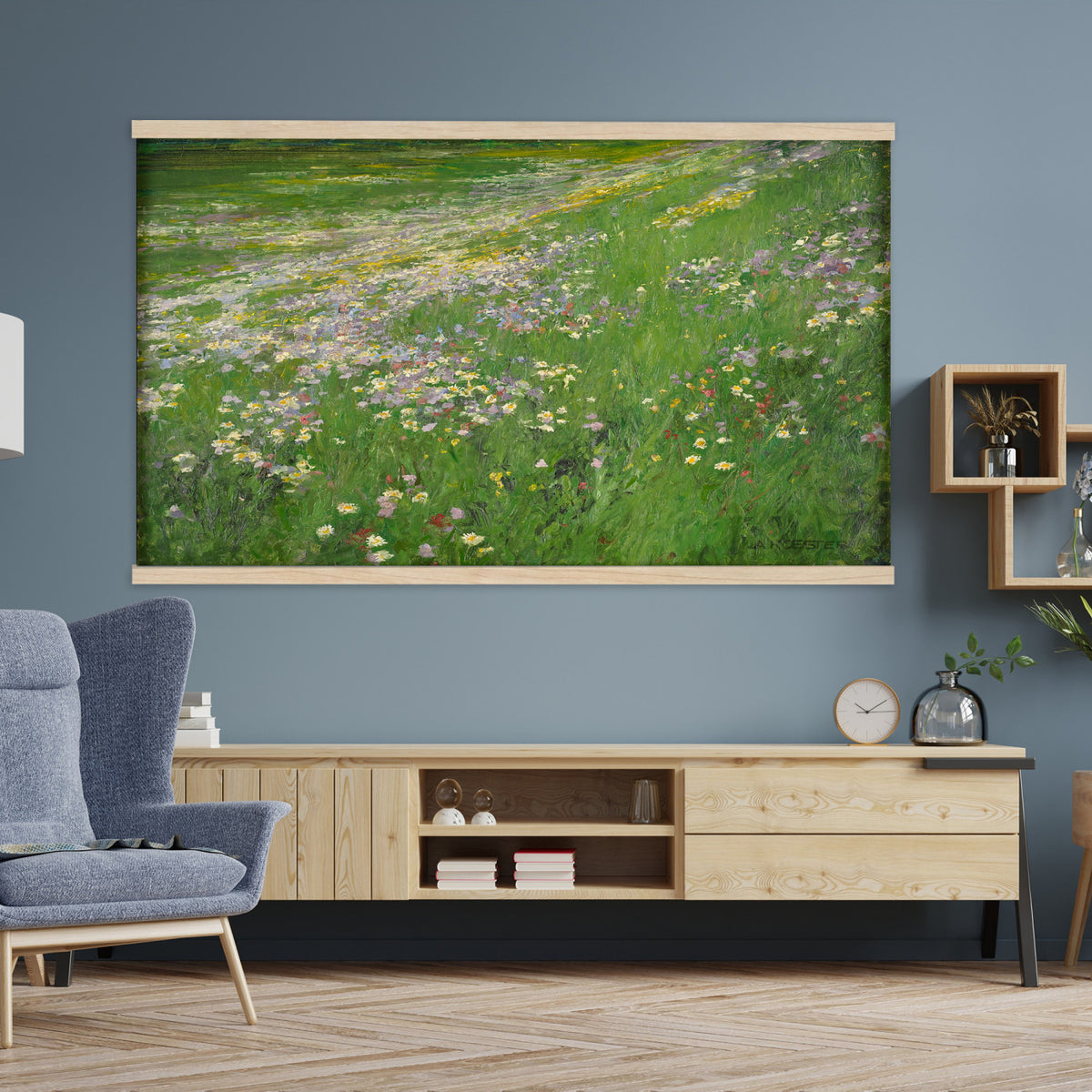 63535040-MGV-TP-30X20 - Impressionism oil painting tapestry wall hanging of "Wildflower Meadow", showing a wide meadow of daisies and summer wildflowers, painted in quick color strokes under warm open light in white daisies and yellow blooms across fresh green grass. Extra large wall art, made in the USA.