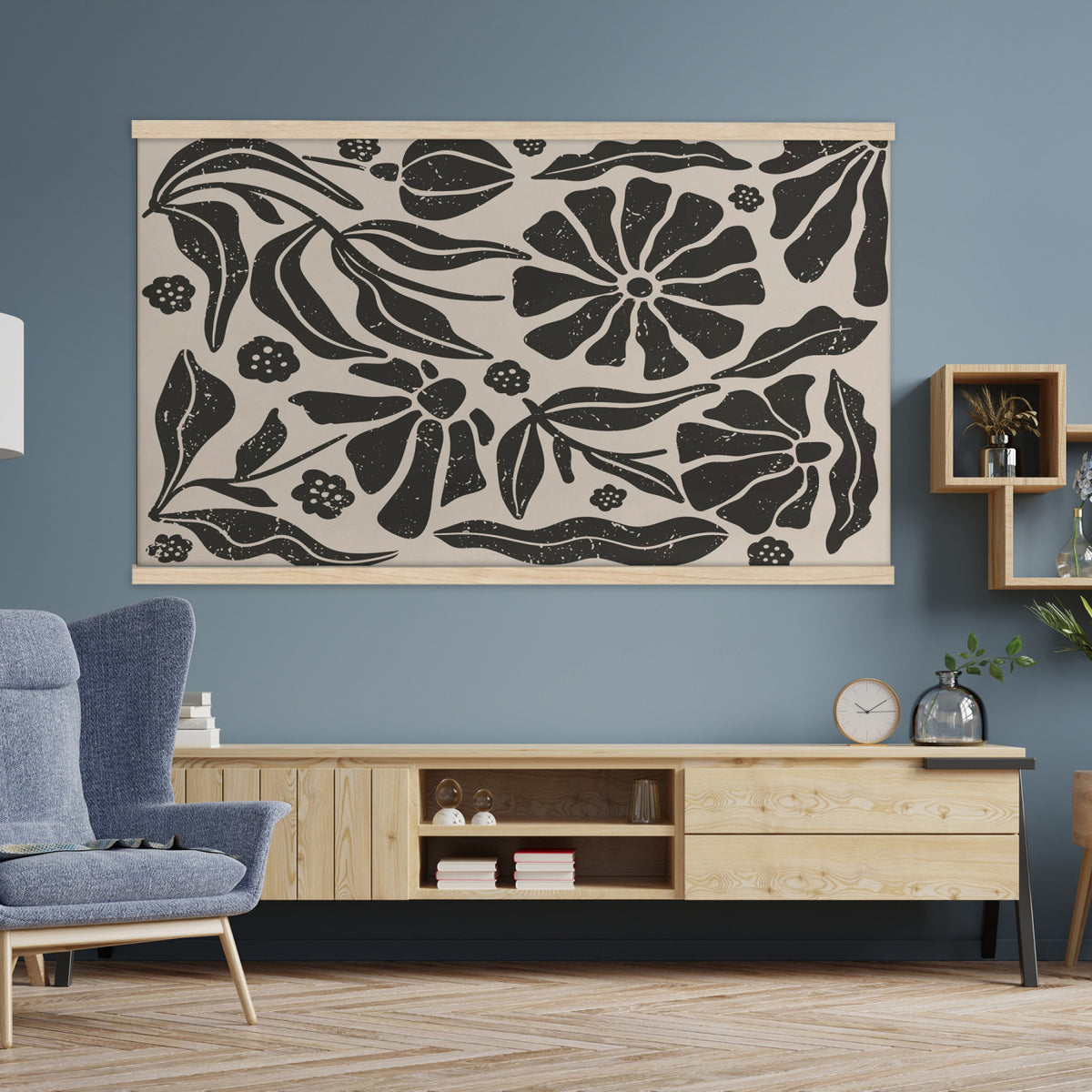 21342917-MGV-TP-30X20 - Mid Century Modern linocut print tapestry wall hanging of "Abstract Floral Linocut", showing simplified flower heads and stems cut into bold black shapes against clean white space in bold black shapes on a bright white ground. Extra large wall art, made in the USA.
