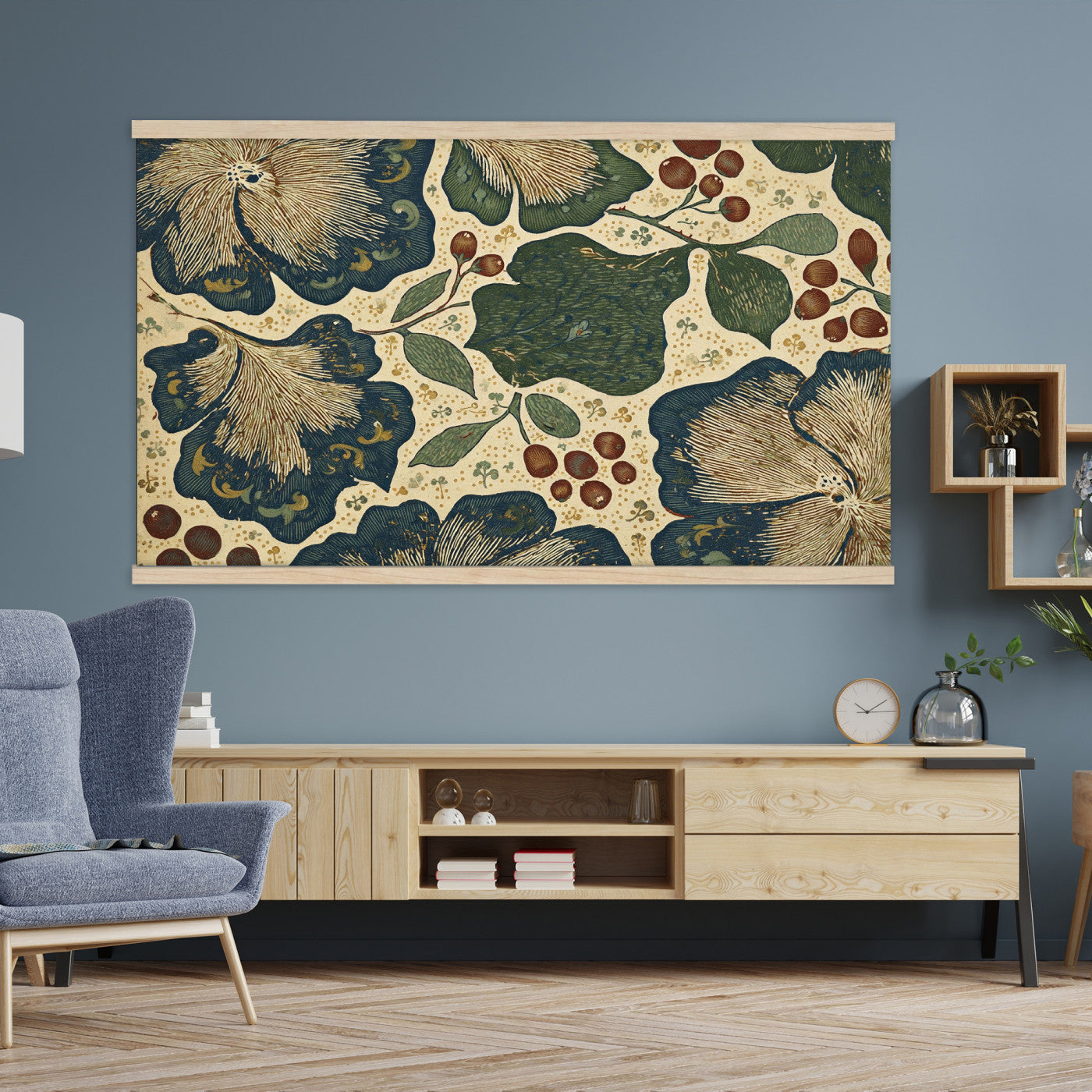 92325062-MGV-TP-30X20 - Art Nouveau pattern design tapestry wall hanging of "Sage Botanical Pattern" by William Morris, showing sage green stems, open flowers and layered foliage repeating in a balanced botanical weave in sage and olive green with soft cream botanical linework. Extra large wall art, made in the USA.