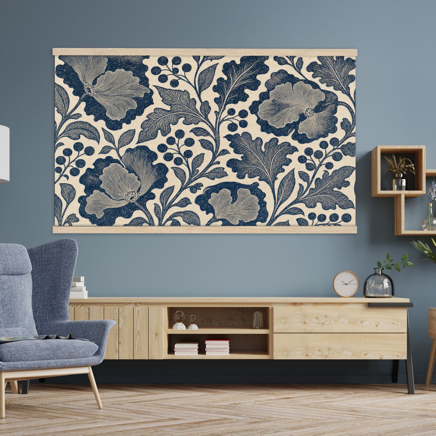 97130377-MGV-TP-30X20 - Art Nouveau pattern design tapestry wall hanging of "Indigo Botanical Pattern" by William Morris, showing trailing indigo stems, open blossoms and curling leaves repeating across the full width in deep indigo and cobalt blue with soft cream linework. Extra large wall art, made in the USA.