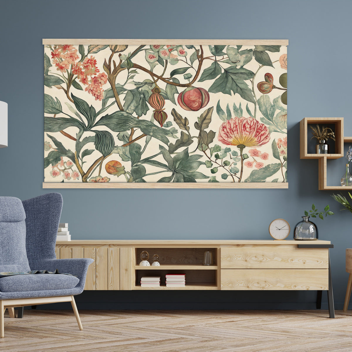 67322868-MGV-TP-30X20 - Art Nouveau pattern design tapestry wall hanging of "Pomegranate Botanical Pattern" by William Morris, showing a repeating weave of pomegranates, open blossoms and curling acanthus leaves in perfect balance in warm ruby fruit and deep green foliage on a cream ground. Extra large wall art, made in the USA.