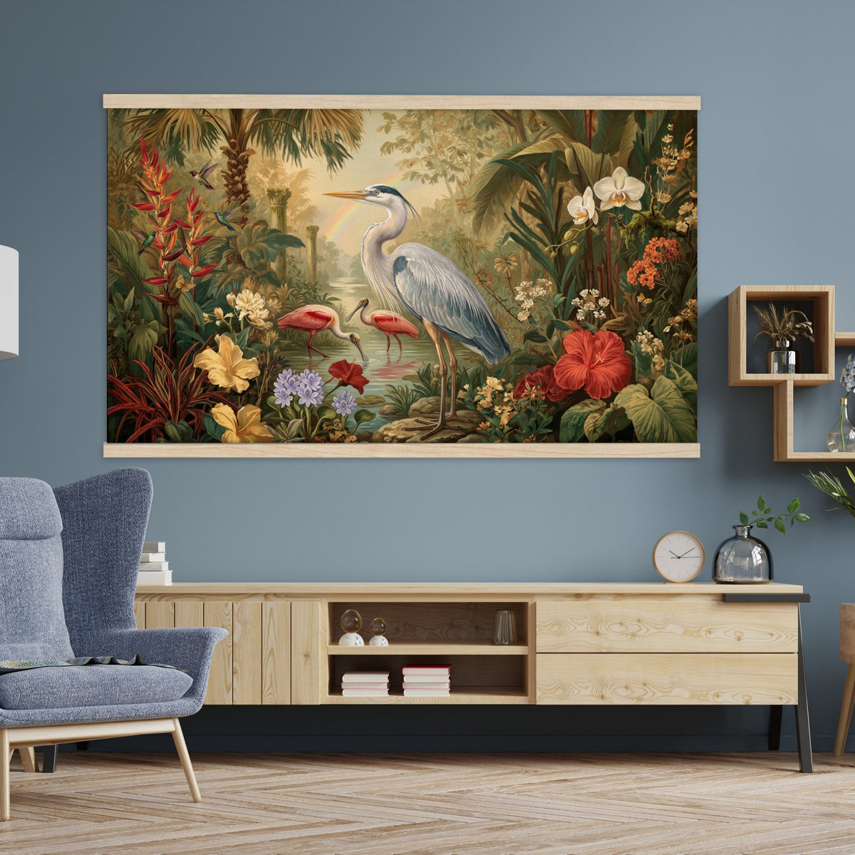 20081183-MGV-TP-30X20 - Botanical botanical illustration tapestry wall hanging of "Great Blue Heron in the Jungle", showing a great blue heron standing among hibiscus blooms, palm fronds and dense tropical foliage in deep jungle greens with red hibiscus and soft blue heron plumage. Extra large wall art, made in the USA.