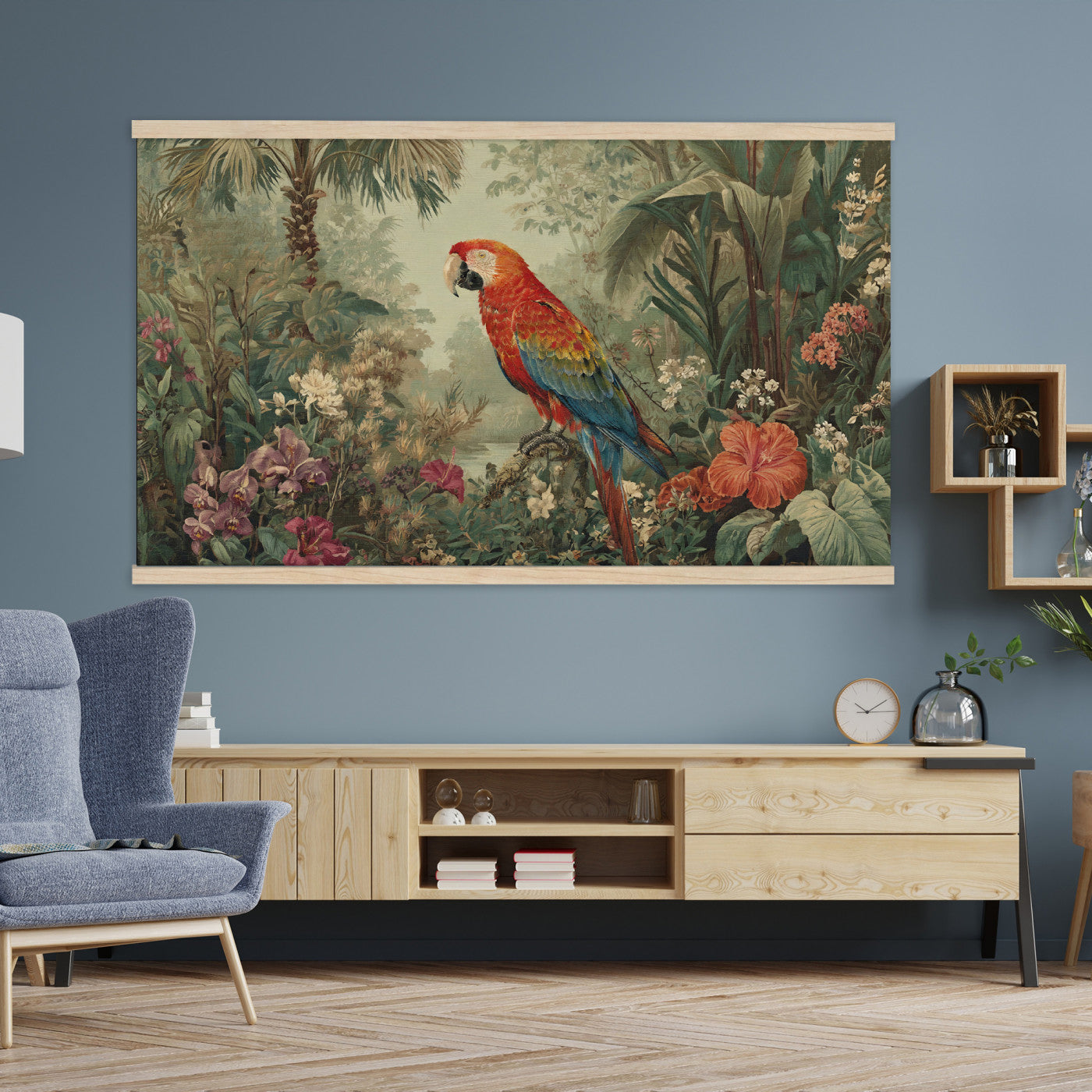 75232040-MGV-TP-30X20 - Botanical botanical illustration tapestry wall hanging of "Scarlet Macaw in the Jungle", showing a scarlet macaw perched among hibiscus flowers, palm leaves and thick rainforest growth in bright scarlet and gold plumage against deep jungle green. Extra large wall art, made in the USA.