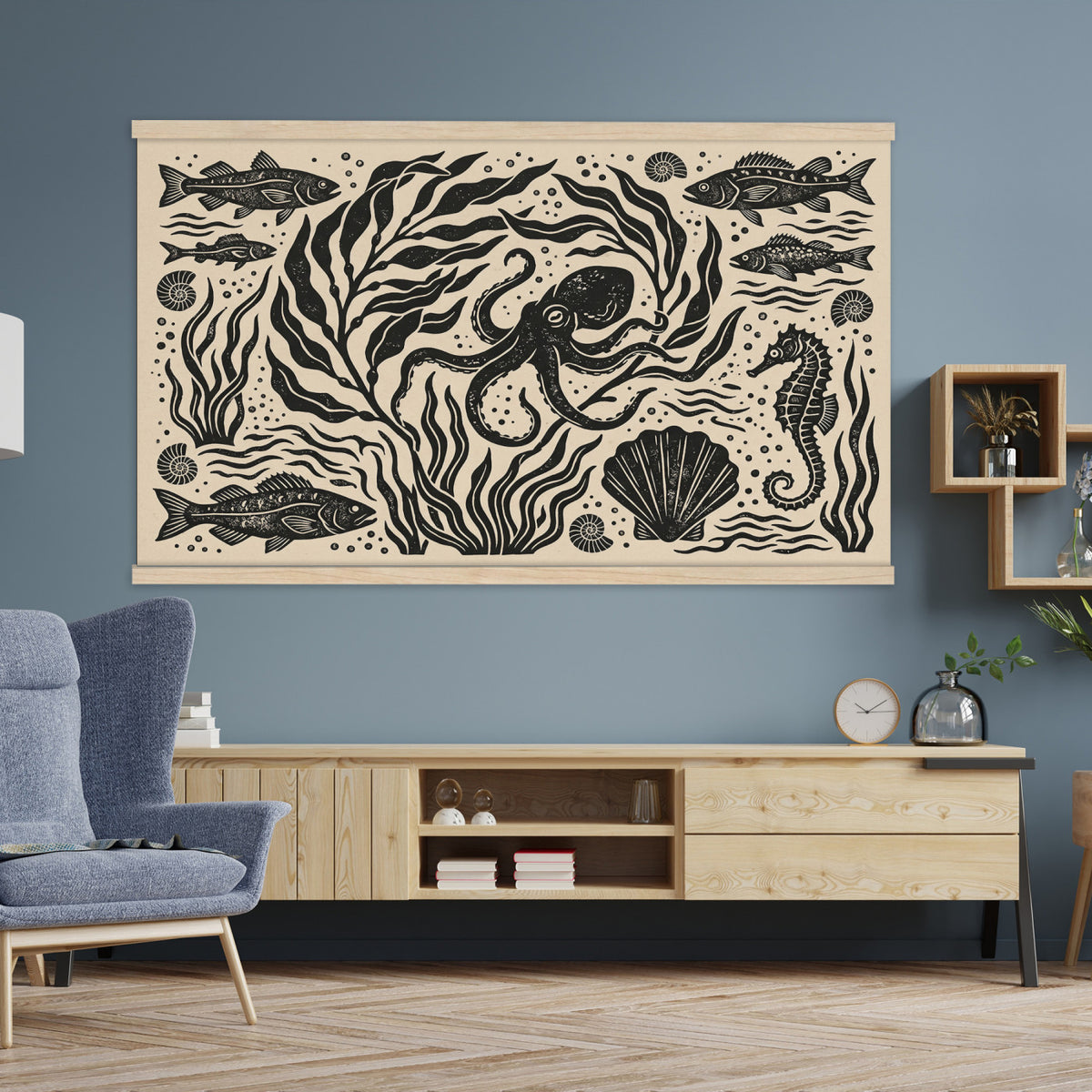 75988079-MGV-TP-30X20 - Folk Art linocut print tapestry wall hanging of "Ocean Life Panel", showing an octopus, seahorses, shells and curling waves cut into bold black and white folk art shapes in bold black linocut shapes on a cream ground. Extra large wall art, made in the USA.