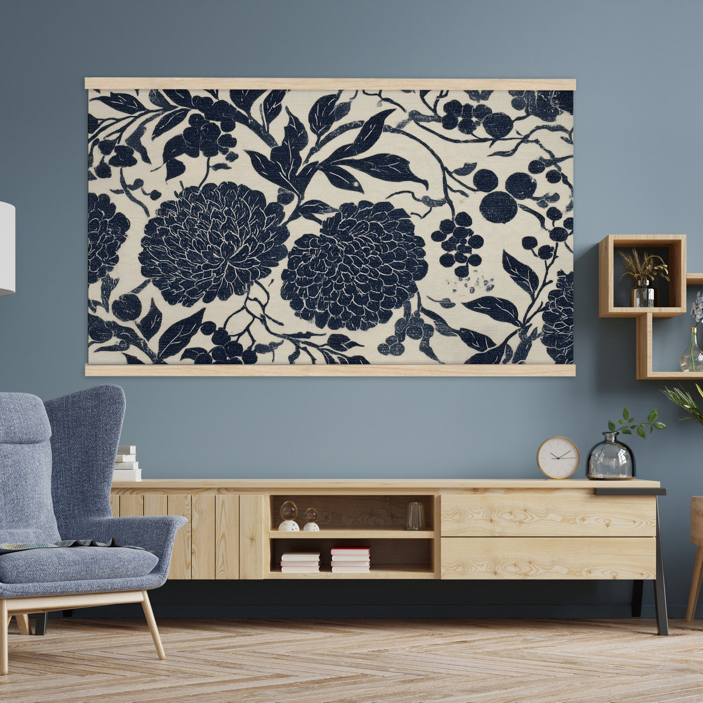 42507419-MGV-TP-30X20 - Chinoiserie ink block print tapestry wall hanging of "Chinoiserie Peony and Chrysanthemum Panel", showing peonies and chrysanthemums layered across a soft grey field, drawn in muted black line in black and soft grey linework on a warm neutral ground. Extra large wall art, made in the USA.