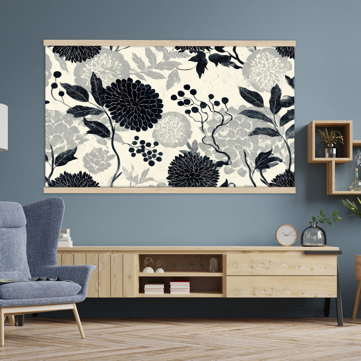27269625-MGV-TP-30X20 - Chinoiserie ink block print tapestry wall hanging of "Chinoiserie Peony and Chrysanthemum Panel", showing peonies and chrysanthemums layered across a soft grey field, drawn in muted black line in black and soft grey linework on a warm neutral ground. Extra large wall art, made in the USA.