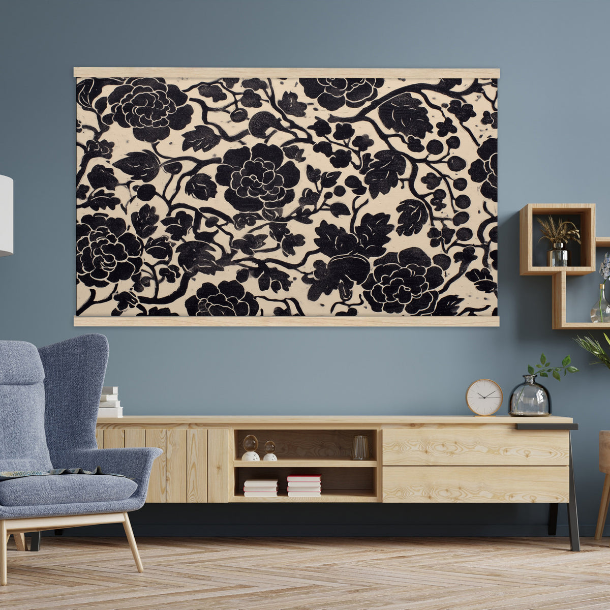 18660803-MGV-TP-30X20 - Chinoiserie ink block print tapestry wall hanging of "Chinoiserie Peony Panel", showing full peony blooms, curling stems and layered leaf work drawn in fine black line on a pale ground in deep black linework on a soft white ground. Extra large wall art, made in the USA.