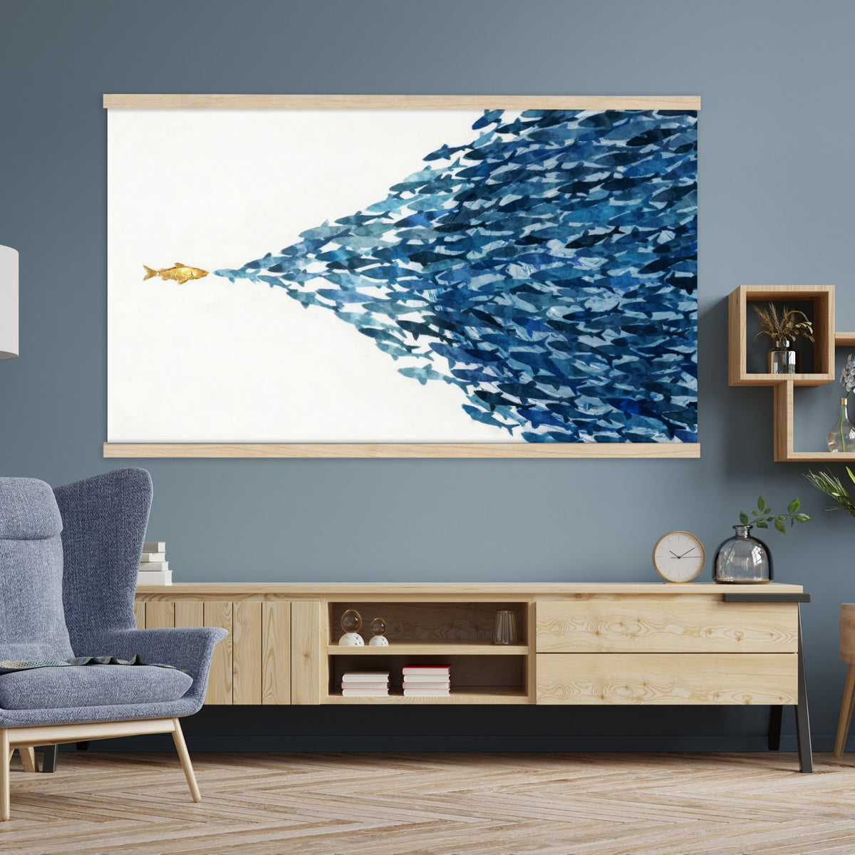 79089639TT-MGV-TP-30X20 - Abstract Blue Fish School Canvas Wall Art, Gold Foil Accent Marine Print