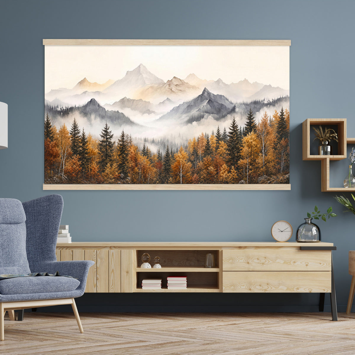 19544118-MGV-TP-30X20 - Misty Mountain Autumn Forest Canvas Wall Art - Watercolor Fall Nature Landscape Print