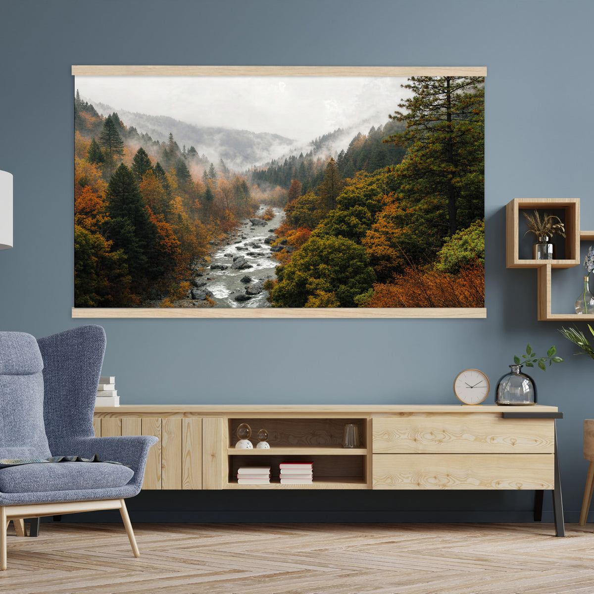 95540697-MGV-TP-30X20 - Misty River Mountain Valley Canvas Wall Art - Autumn Forest Landscape Nature Print