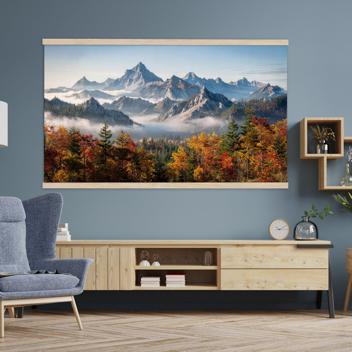 38847944-MGV-TP-30X20 - Majestic Mountain Peak Canvas Wall Art - Panoramic Autumn Forest Fog Landscape Print