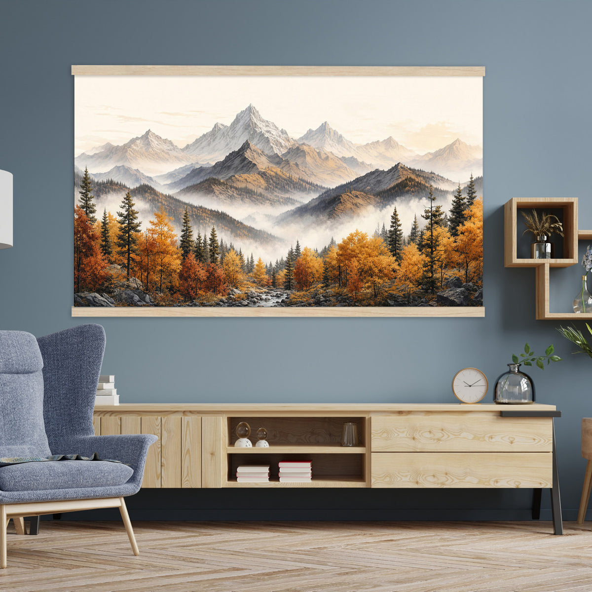 21309099-MGV-TP-30X20 - Extra Large Misty Mountain Autumn Forest Canvas Wall Art - Watercolor Fall Nature Landscape Print
