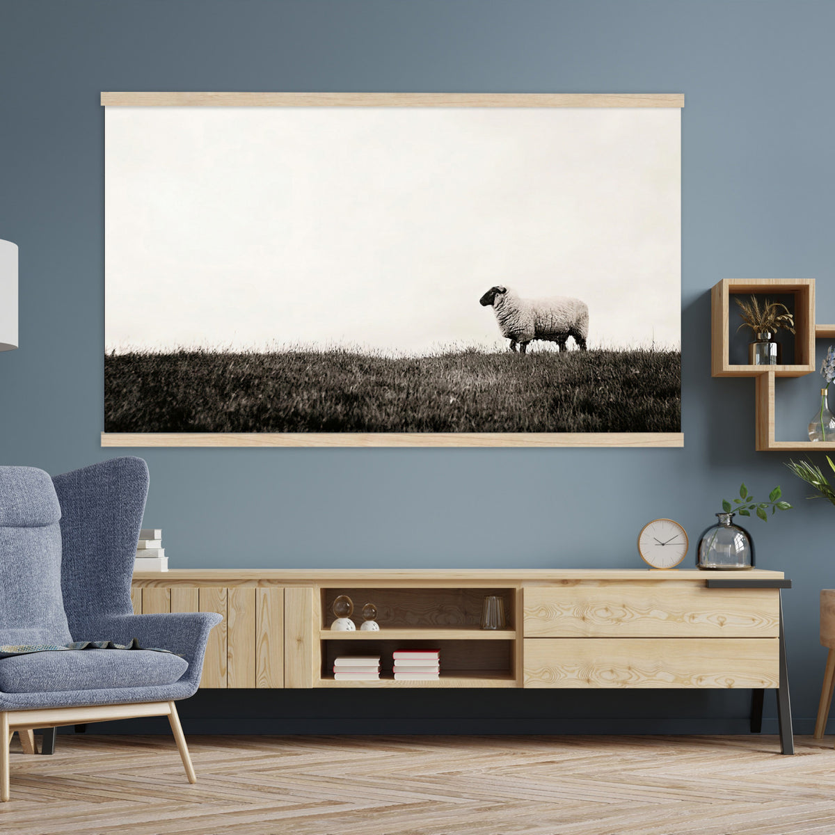 72749448-MGV-TP-30X20 - Minimalist Sepia Sheep Canvas Wall Art - Rustic Farmhouse Country Landscape Print