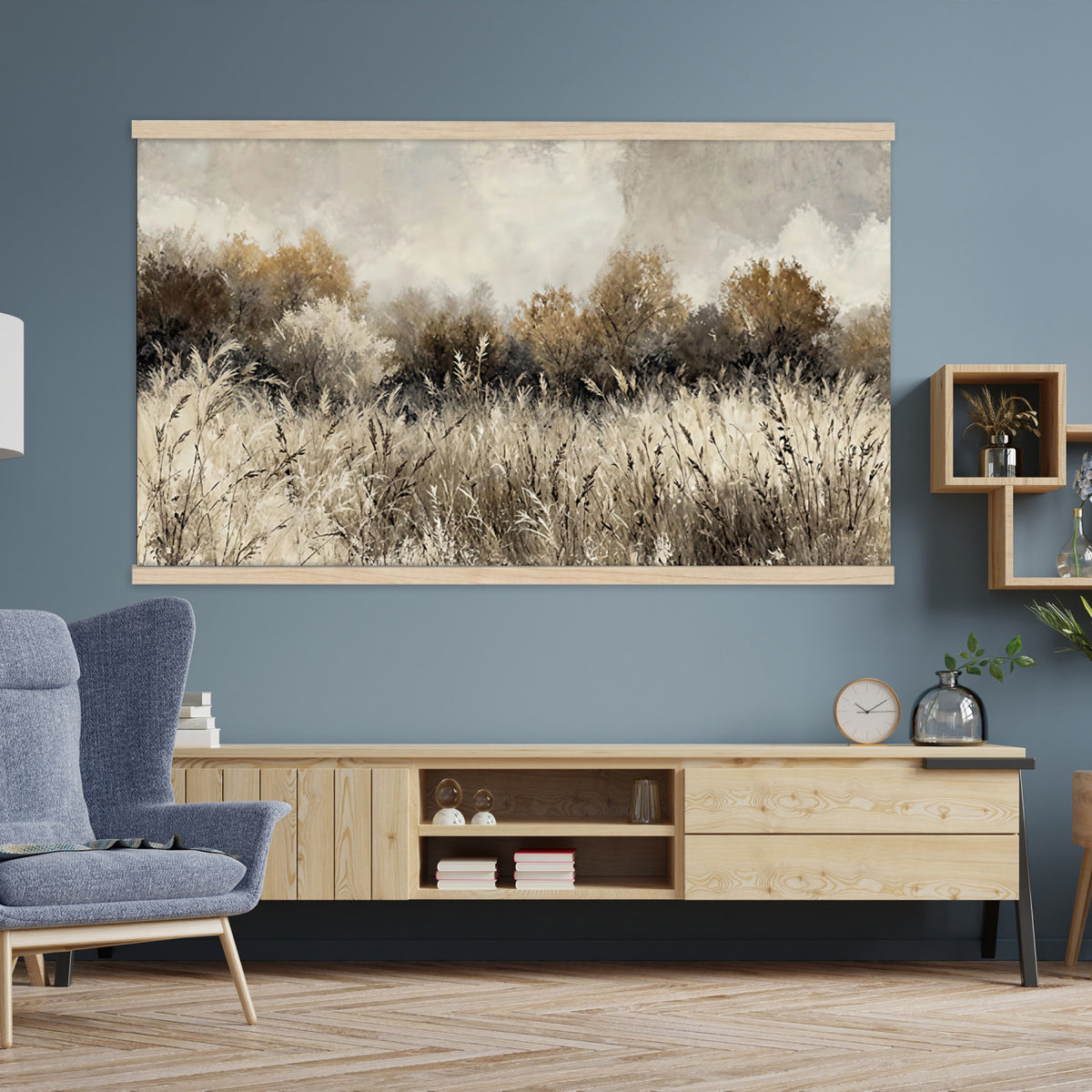 53959945-MGV-TP-30X20 - Muted Neutral Forest Landscape Canvas Wall Art - Vintage Rustic Wildflower Meadow Print