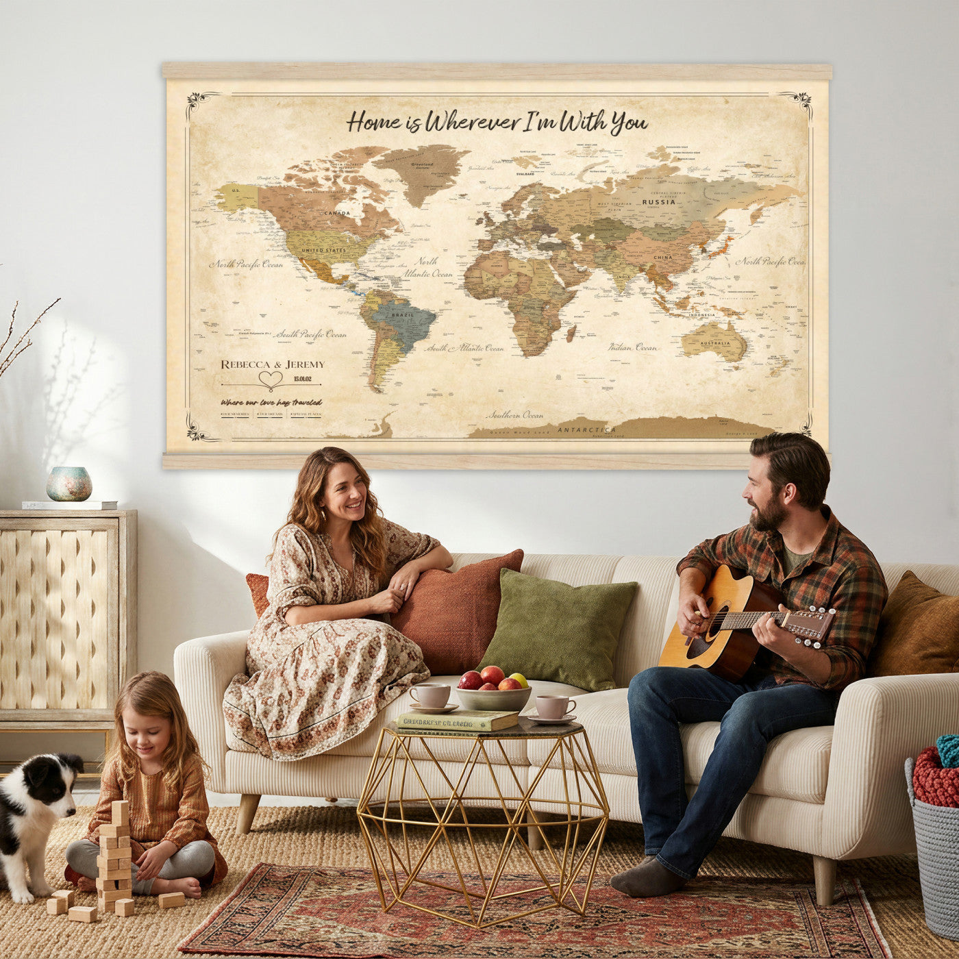 40086165-T-MGV-TP-30X20 - Framed Vintage Custom World Map Tapestry Print - Personalized Travel Map Wall Art Tapestry