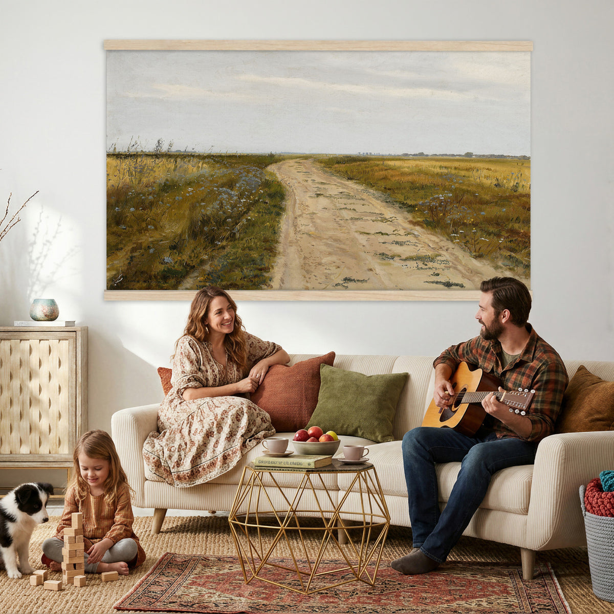 93198256-MGV-TP-30X20 - Realism oil painting tapestry wall hanging of "Field Track" by Jozef Chelmonski, showing a rutted dirt track cutting through open meadow grass toward a low horizon and a wide country sky in warm earth track tones with green meadow grass under a broad sky. Extra large wall art, made in the USA.