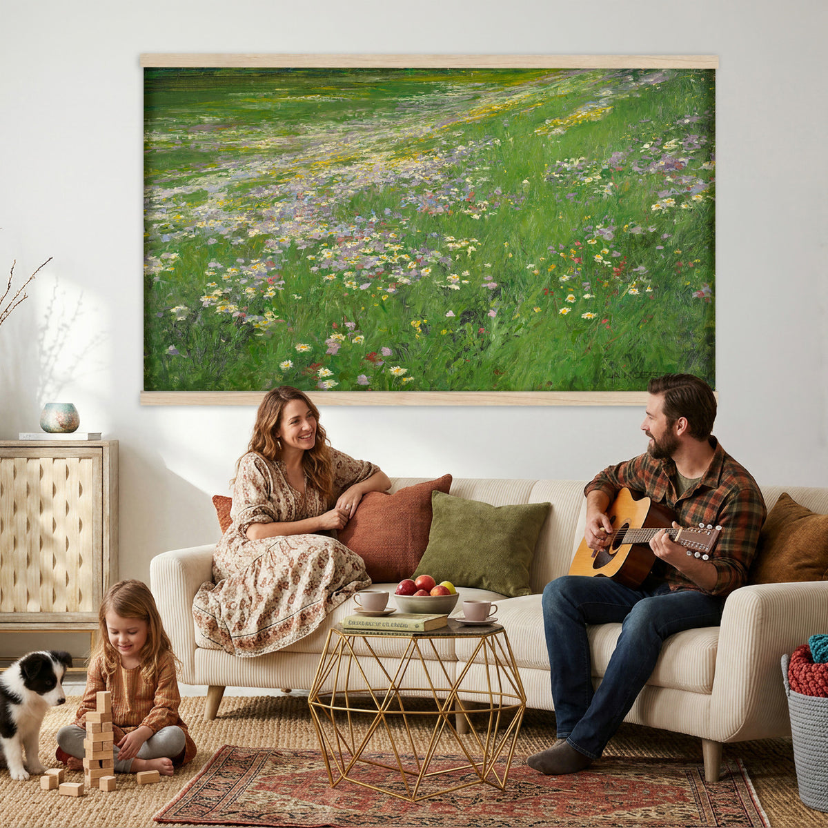 63535040-MGV-TP-30X20 - Impressionism oil painting tapestry wall hanging of "Wildflower Meadow", showing a wide meadow of daisies and summer wildflowers, painted in quick color strokes under warm open light in white daisies and yellow blooms across fresh green grass. Extra large wall art, made in the USA.