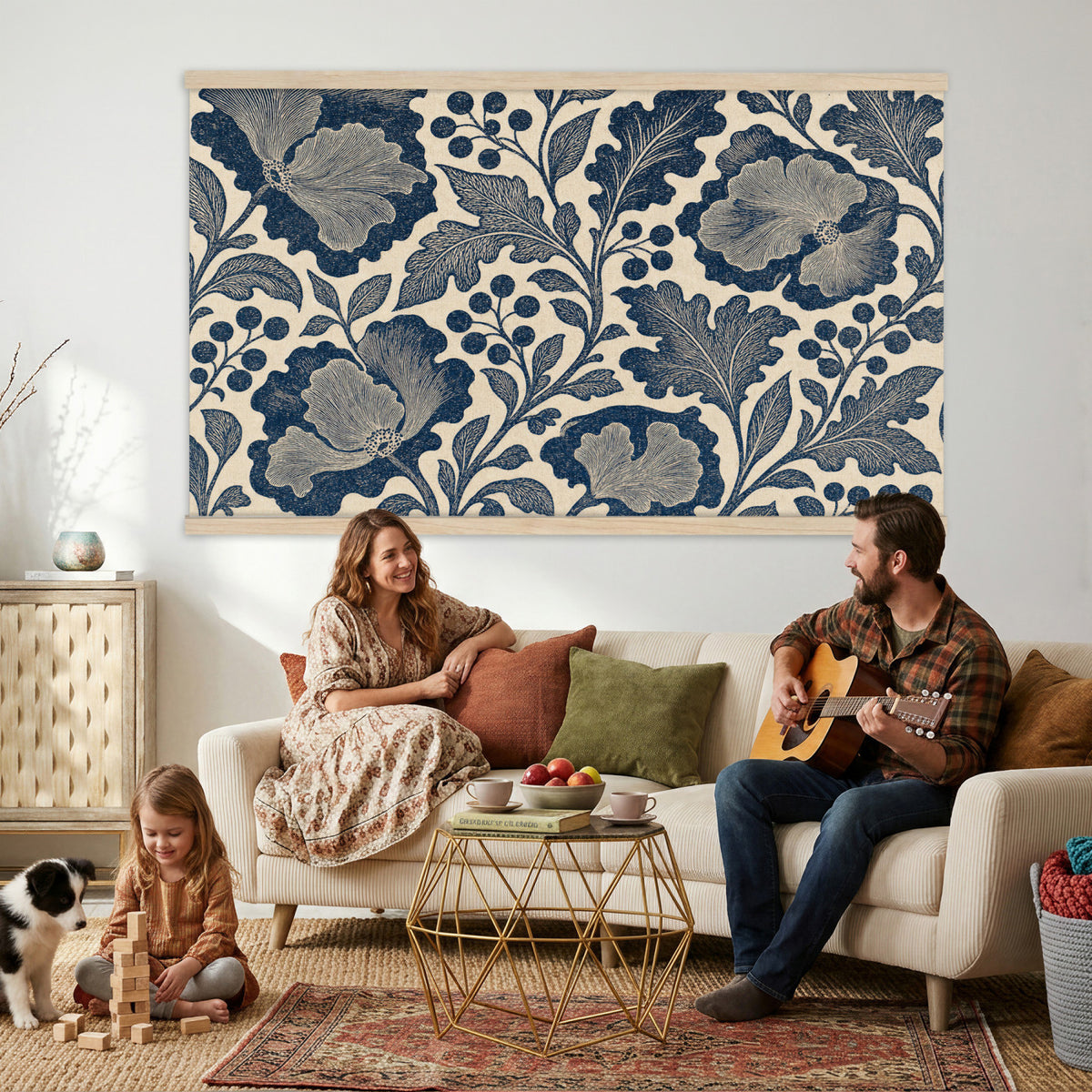 97130377-MGV-TP-30X20 - Art Nouveau pattern design tapestry wall hanging of "Indigo Botanical Pattern" by William Morris, showing trailing indigo stems, open blossoms and curling leaves repeating across the full width in deep indigo and cobalt blue with soft cream linework. Extra large wall art, made in the USA.