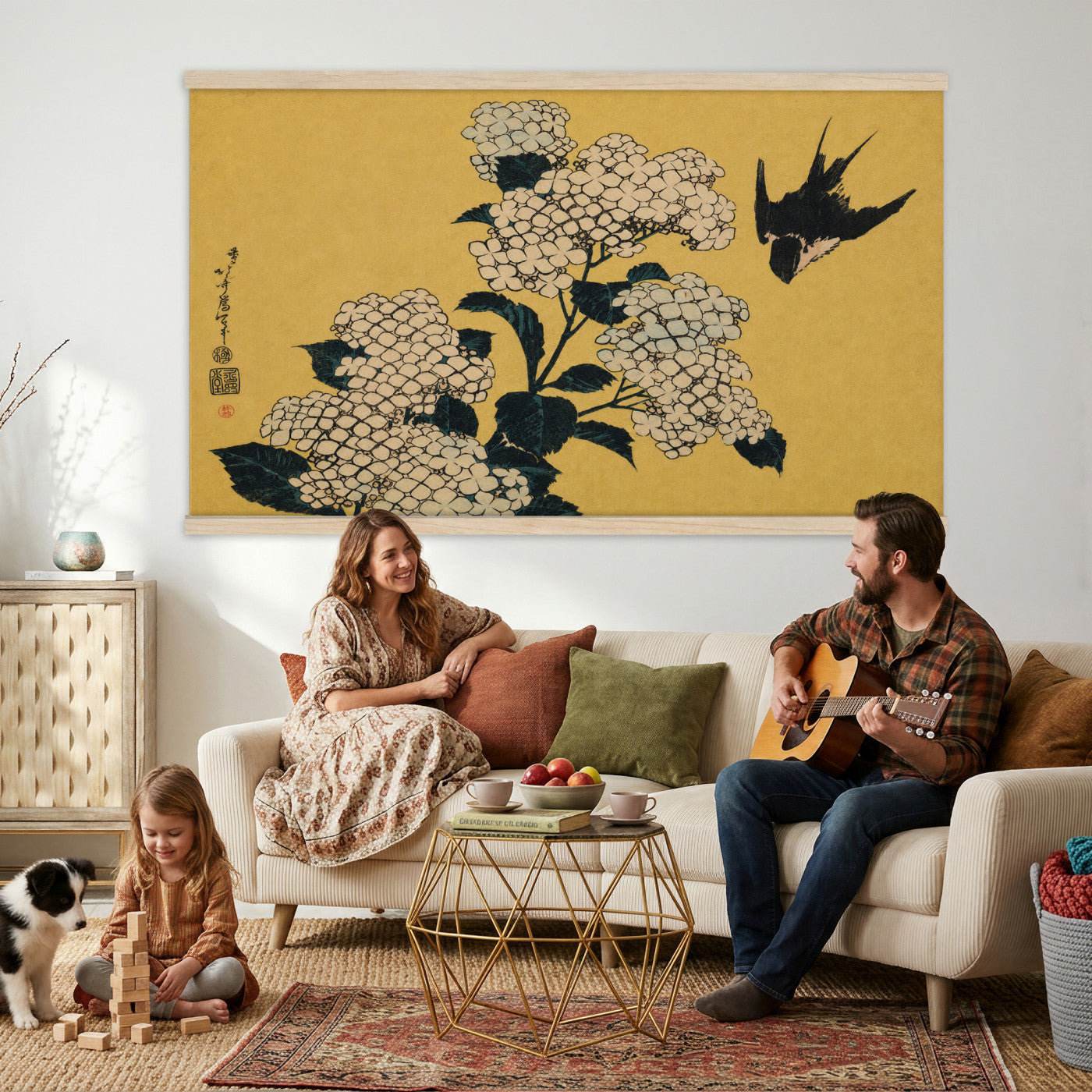 24787197-MGV-TP-30X20 - Ukiyo-e woodblock print tapestry wall hanging of "Hydrangea and Swallow" by Katsushika Hokusai, showing a swallow in flight above a full hydrangea head, drawn with the precise line of Japanese woodblock in soft blue hydrangea blooms with warm gold ground. Extra large wall art, made in the USA.